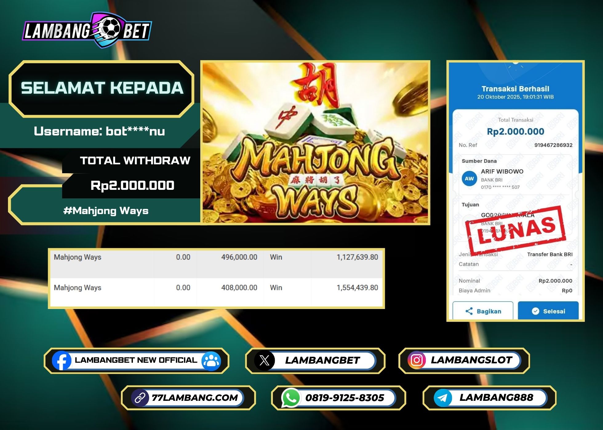 LAMBANGBET [20 OKTOBER 2025] JACKPOT SLOT Mahjong Ways "Rp2.000.000" LUNAS